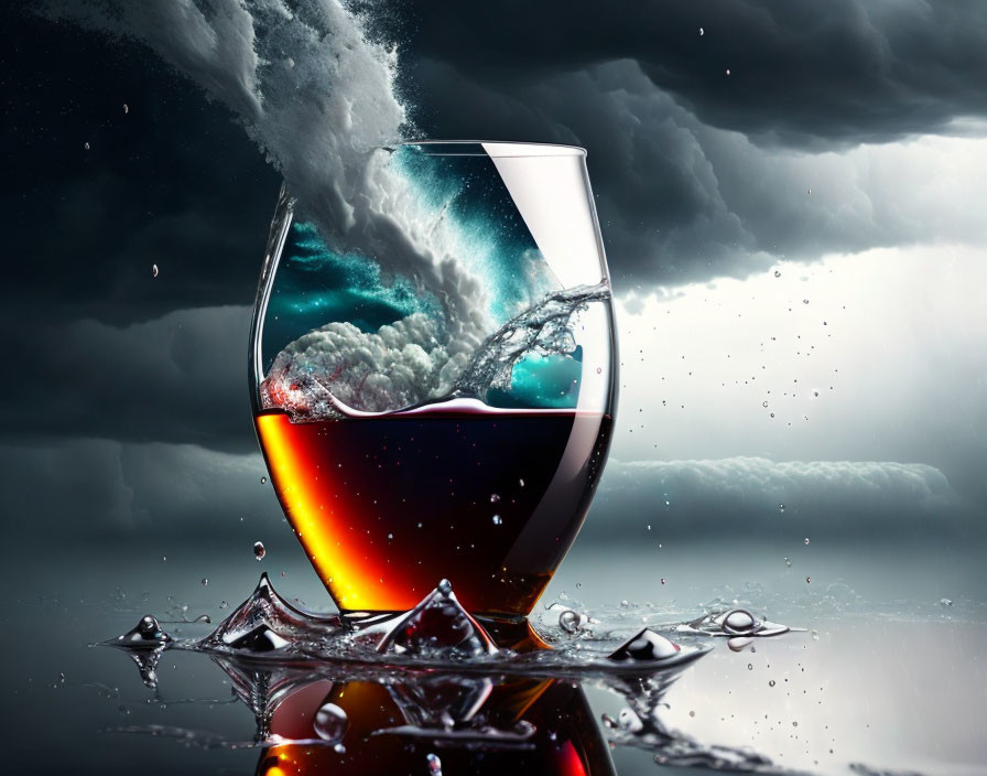 Swirling storm and crashing waves in glass against dark skies