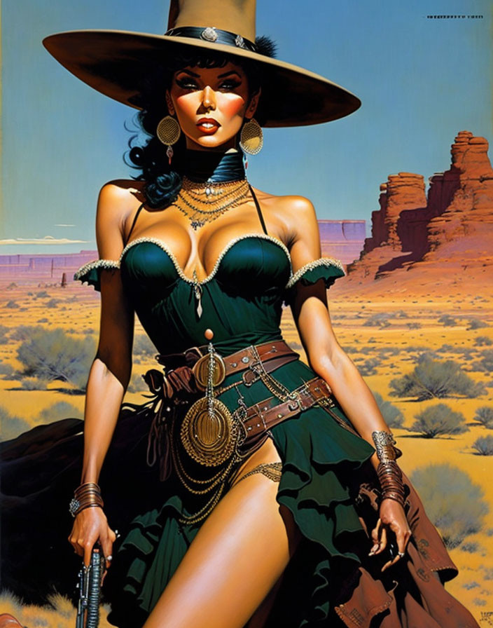 Stylized illustration of a woman in western outfit with hat and revolver in desert.