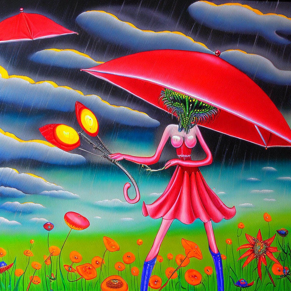 Colorful painting: stylized woman in red dress with umbrella in whimsical landscape.