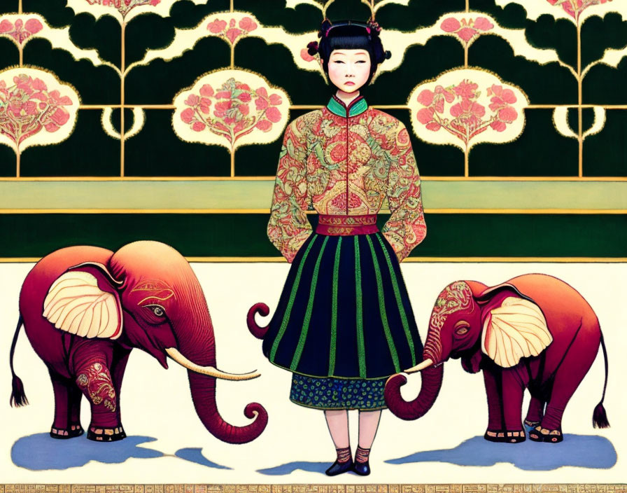 Stylized painting: Girl in traditional dress with elephants & trees