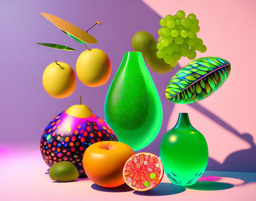 Vibrant Still Life with Textured Fruits and Glass Bottles