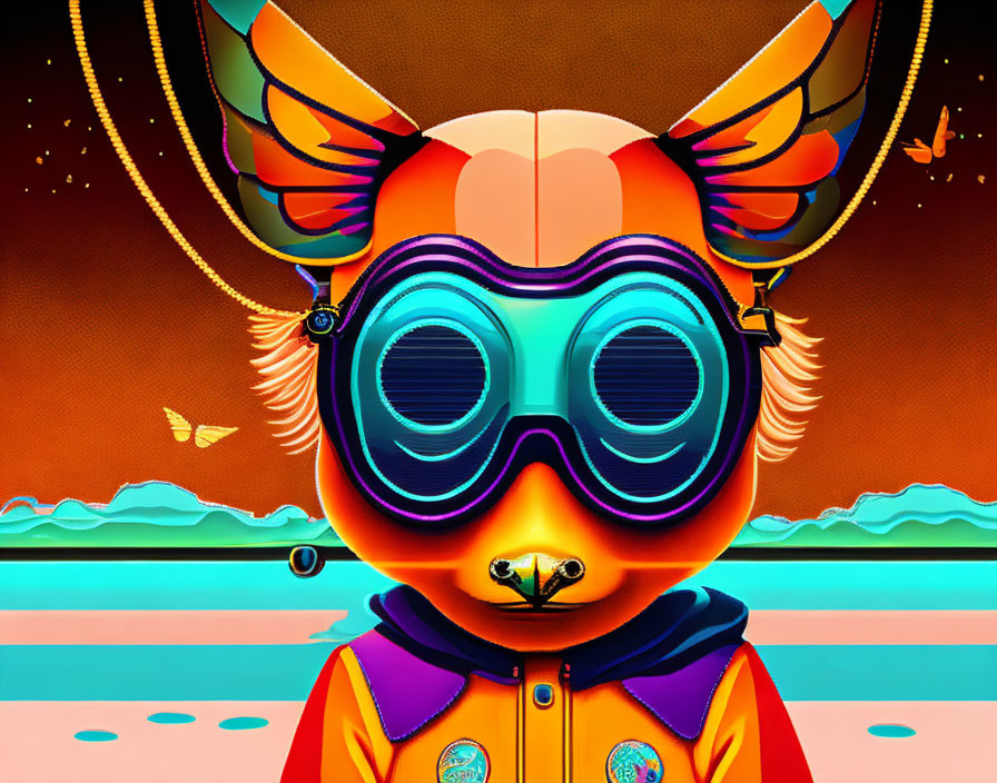 Vibrant character illustration with oversized goggles and antlers on sunset beach.