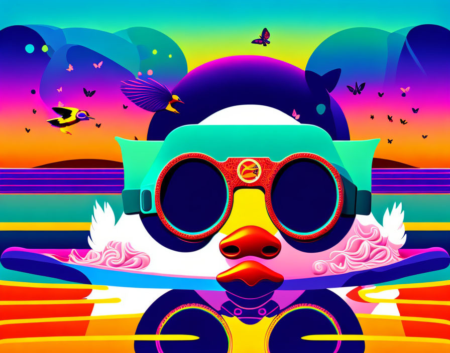 Colorful Stylized Duck Illustration with Goggles in Surreal Landscape