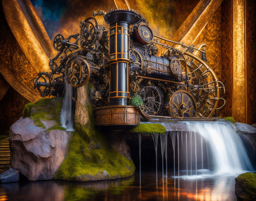 Steampunk-themed interior with mechanical gears, water wheel, waterfall, and lush moss.