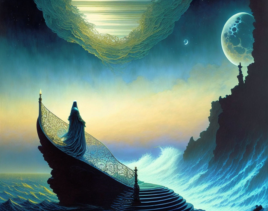 Robed figure on ornate boat ascending cosmic wave under celestial sky