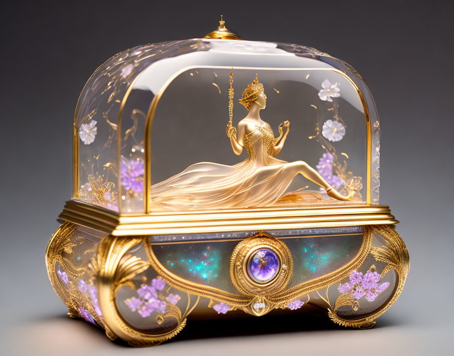 Golden Music Box with Woman Figurine and Cosmos Decorations