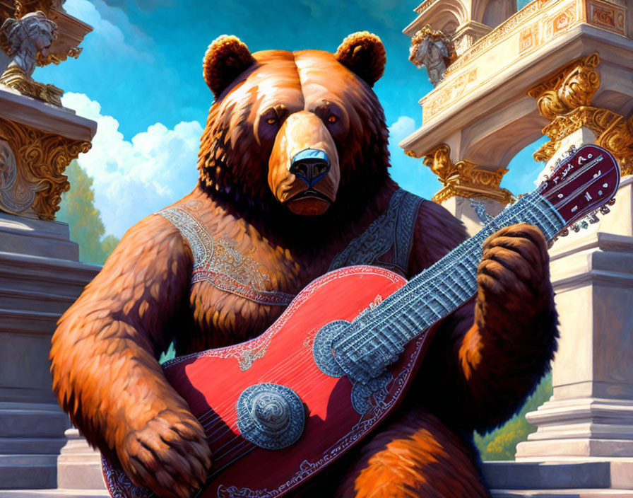 Anthropomorphic bear playing red guitar in ornate attire against classical backdrop