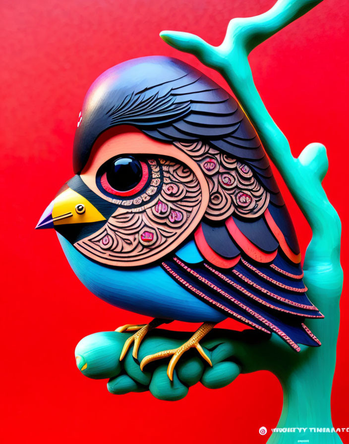 Colorful bird sculpture with intricate patterns perched on branch against red backdrop