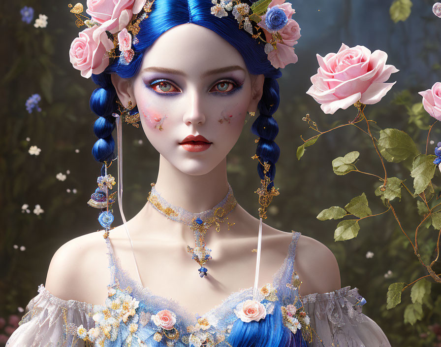 Digital artwork: Woman with blue hair, floral jewelry, makeup, and accessories against rose bush background