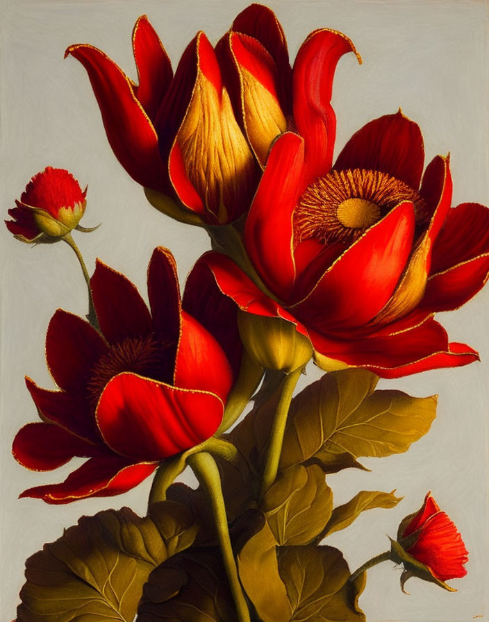 Vibrant red and yellow tulips painting on neutral background