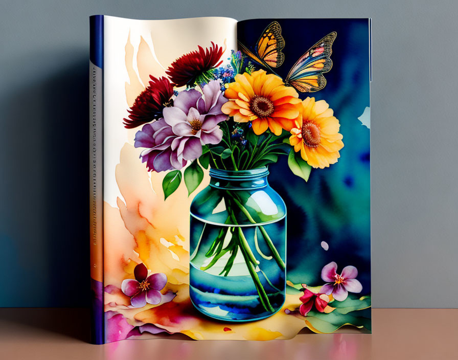 Vibrant flowers bouquet with butterfly on canvas art print