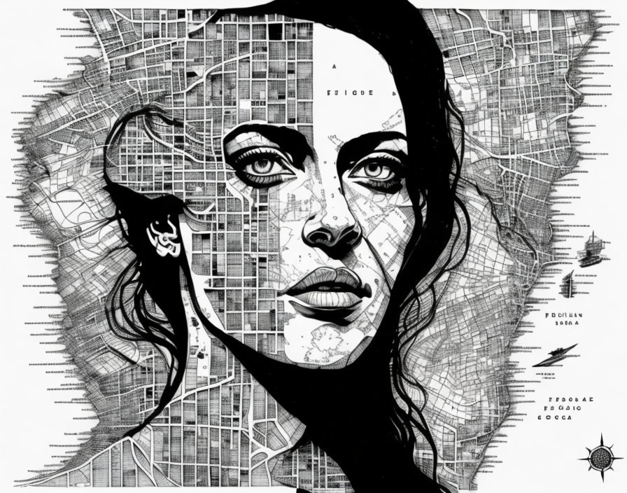 Monochrome artistic illustration of woman's face merged with city map elements