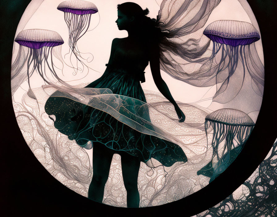 Ethereal female silhouette among floating jellyfish in luminescent scene