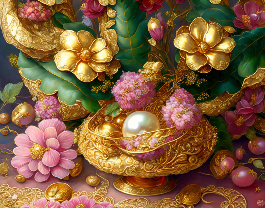 Colorful illustration of golden flowers, pearl in jeweled dish, lush greenery, and pink blooms