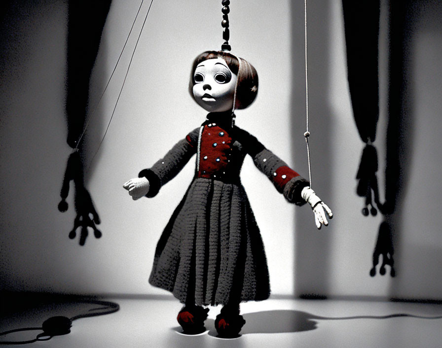 Monochrome marionette doll in dress with attached strings under spotlight