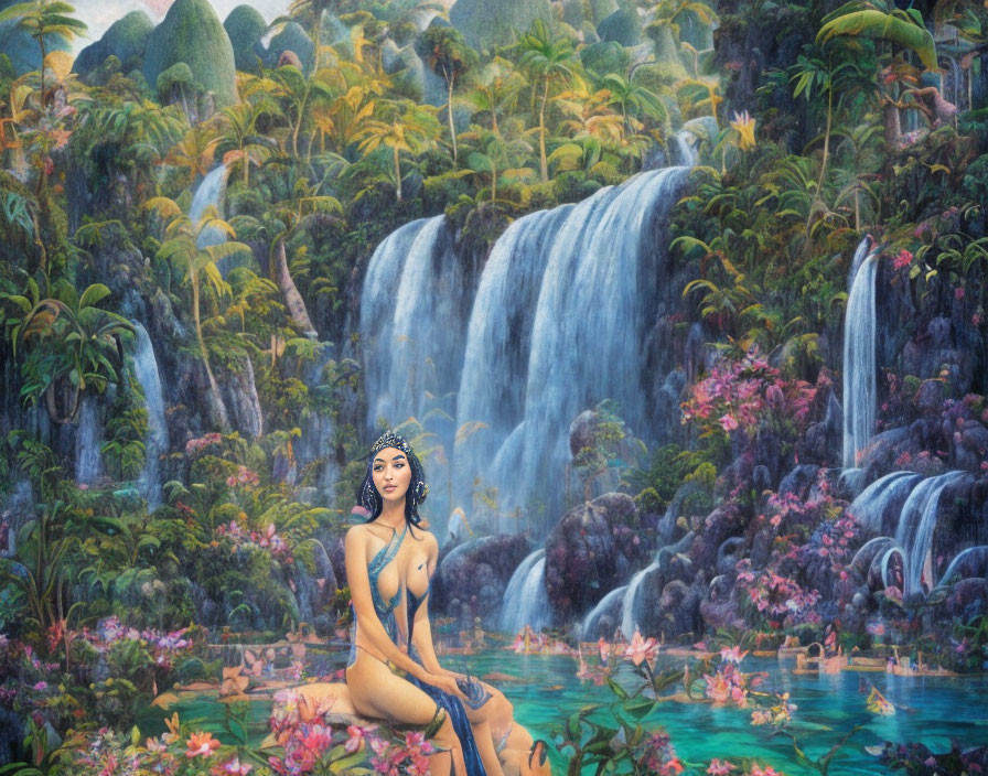 Woman Relaxing by Tranquil Waterfall in Lush Tropical Setting