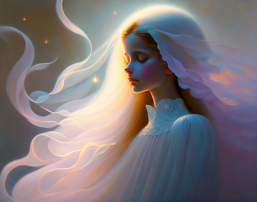 Majestic woman with white hair and gown in golden light with stars.