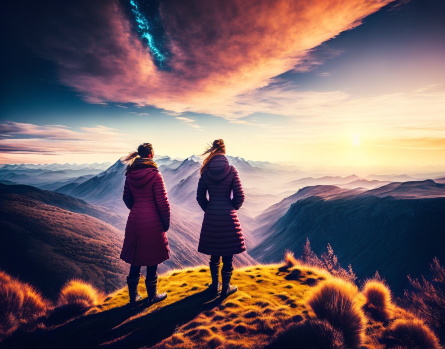 Two People in Warm Jackets Admiring Sunset on Mountain Overlook