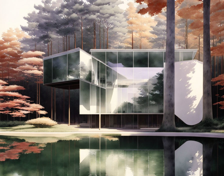 Geometric Glass House in Forest Setting with Tranquil Pond