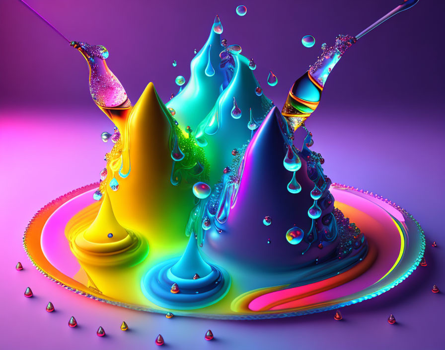 Colorful liquid splashes on purple background: Abstract digital artwork