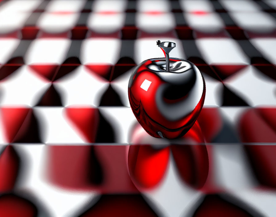 Shiny red apple with silver stem on checkered surface in surreal setting