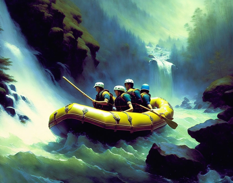 Group of individuals paddling yellow raft through turbulent rapids with misty waterfalls