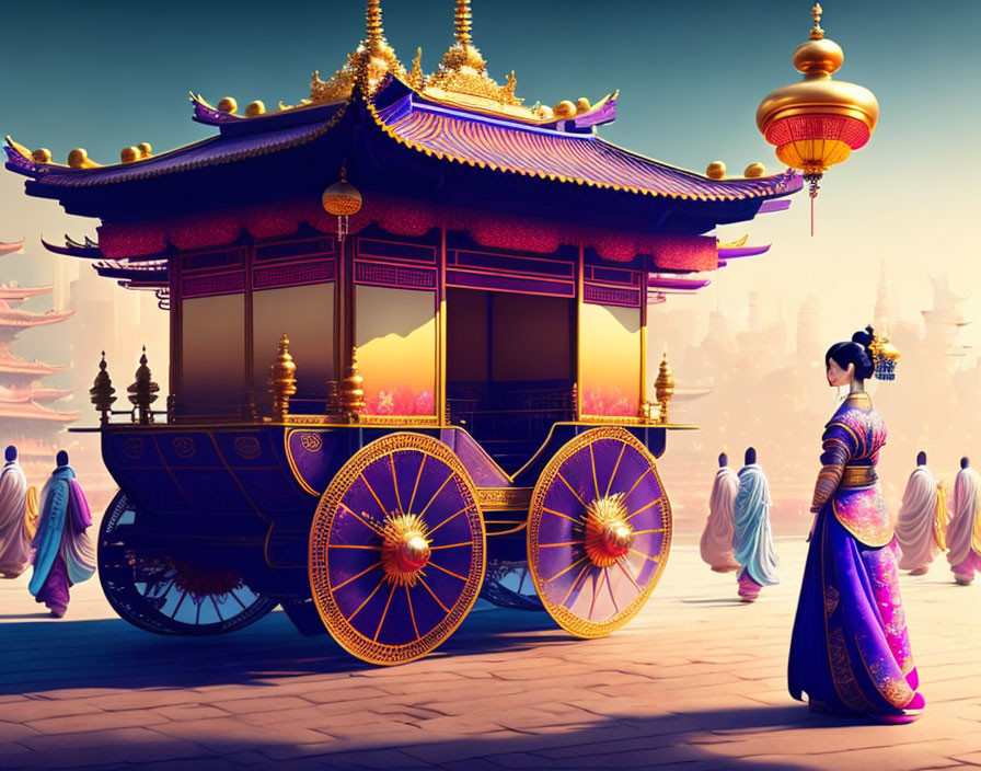 Chinese Hanfu Woman admiring Ornate Carriage in Mystical City Dusk