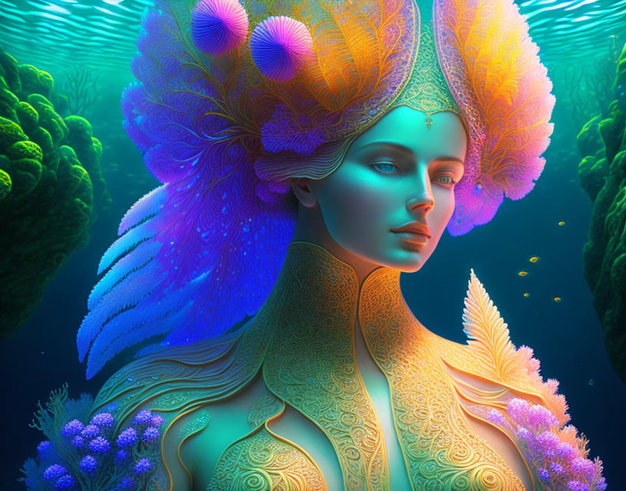 Colorful digital artwork of female figure with coral headpiece in underwater scene