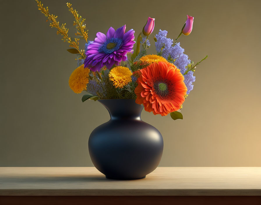 Colorful Flower Bouquet in Matte Black Vase on Wooden Surface