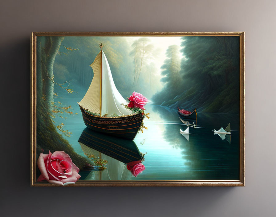 Surreal painting of paper boat with sail on reflective water with roses and paper boats, misty