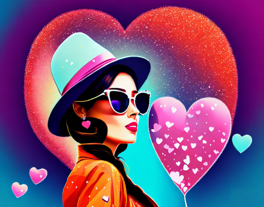 Colorful Stylized Artwork: Woman in Sunglasses and Hat with Hearts Background