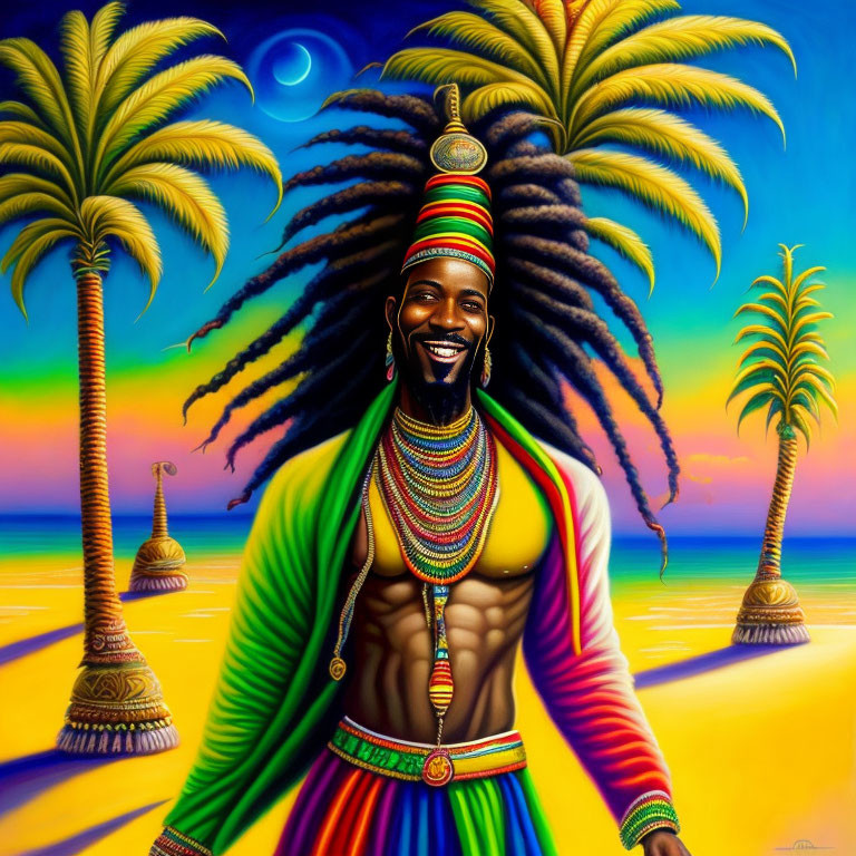 Colorful Rastafarian-inspired seascape with smiling figure