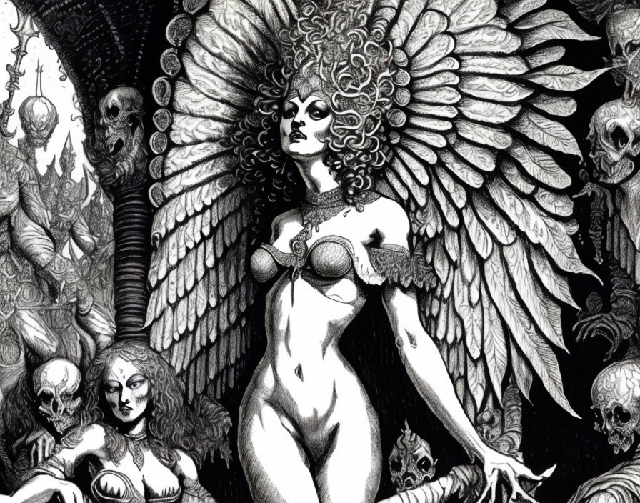 Monochrome fantasy illustration with winged female and skulls