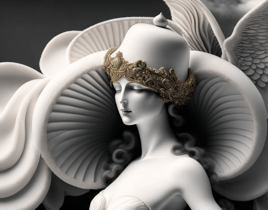 Monochromatic female figure with ornate headgear and swirling patterns