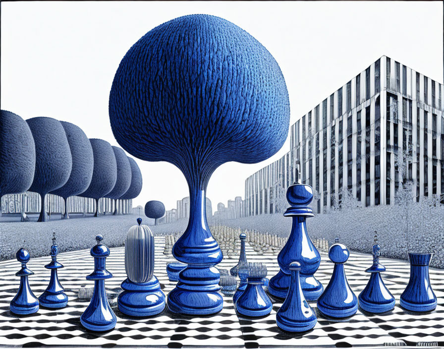 Surreal blue chess pieces on checkered landscape with exaggerated trees and building