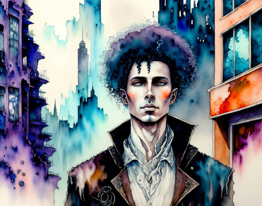 Vibrant watercolor painting of a person with curly hair against abstract city backdrop