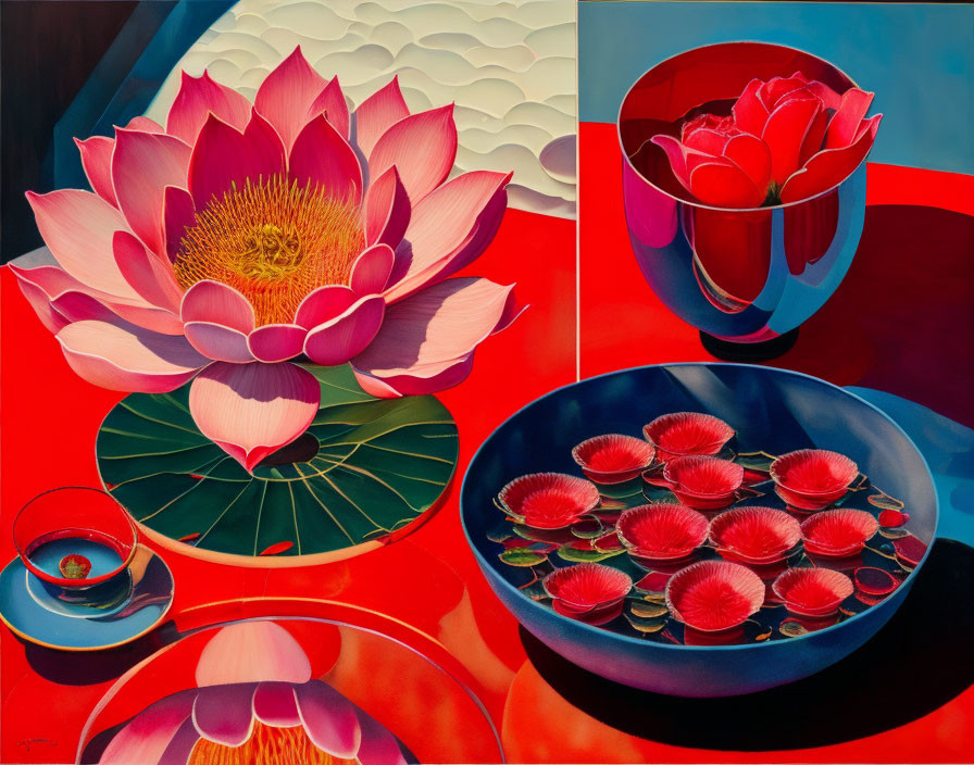 Colorful painting of pink lotus flower, bowls, and cup with reflective surfaces