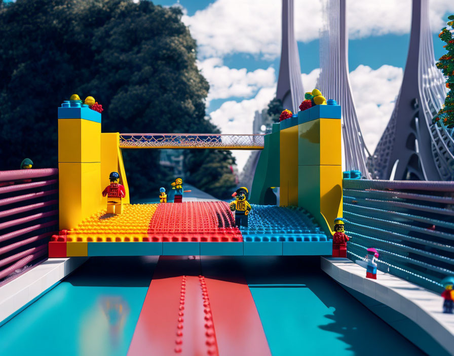 Colorful Lego Bridge with Figures under Blue Skies