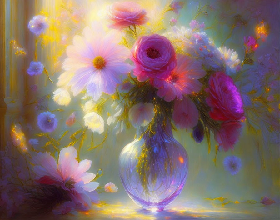 Colorful floral bouquet in translucent vase with warm light.