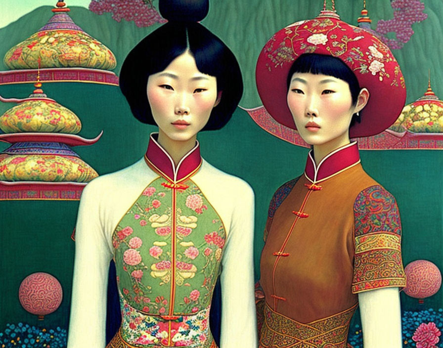 Stylized women in Asian attire with floral designs and patterned globes.