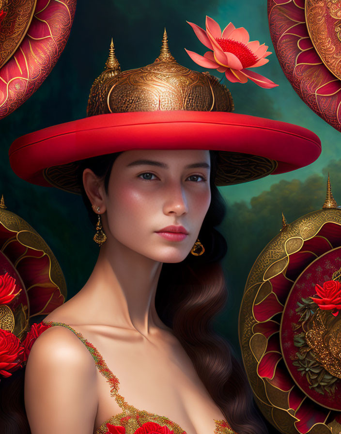 Woman in Red Hat with Lotus and Golden Earrings in Traditional Nature Setting