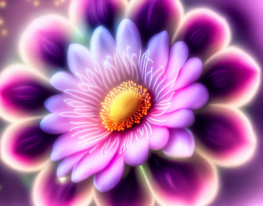 Colorful digital artwork of a glowing flower with yellow, white, and purple petals.