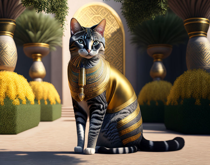 Majestic tabby cat in Egyptian collar amidst regal garden setting