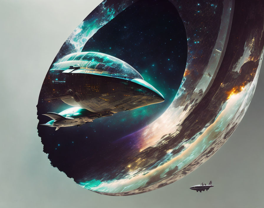 Futuristic spaceship exiting portal in starry cosmos