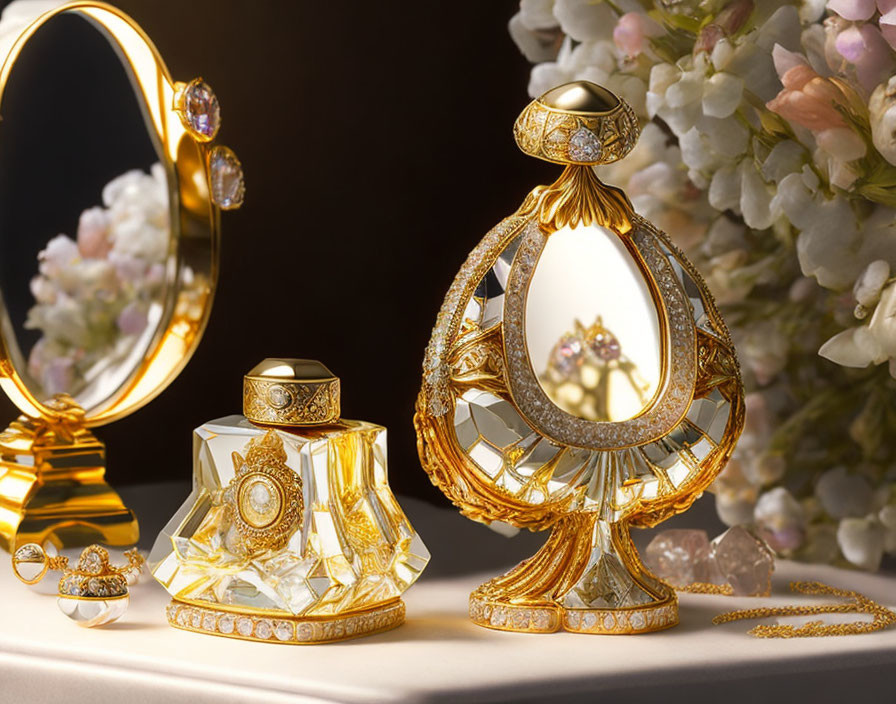 Gold Vanity Set with Mirror, Perfume Bottle, Jewelry, and Flowers on Dark Background