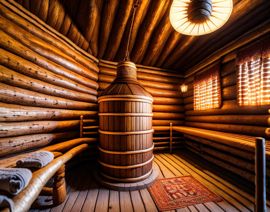 Cozy wooden sauna interior with benches, stove, towels, and rug