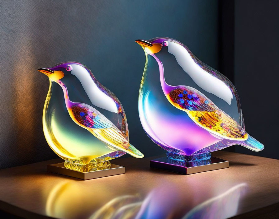 Vibrant Glass Bird Sculptures on Pedestals in Colorful Illumination