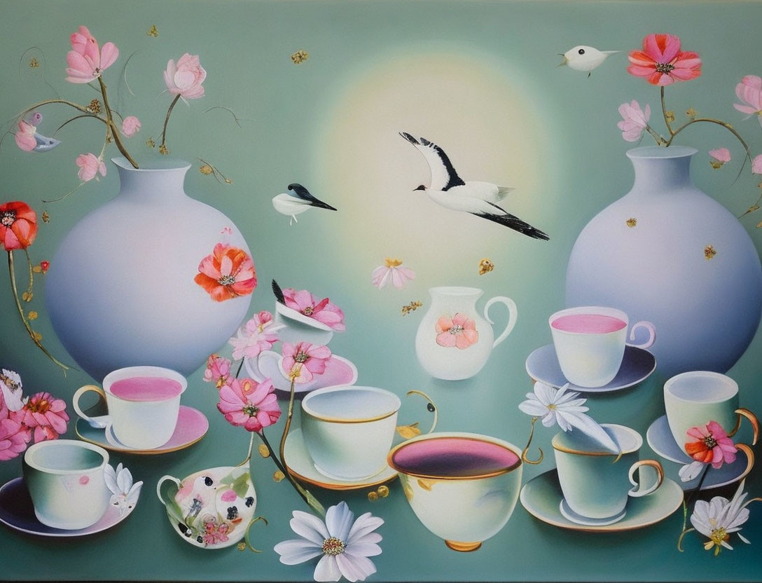 Whimsical still life with teacups, teapots, flowers, and birds