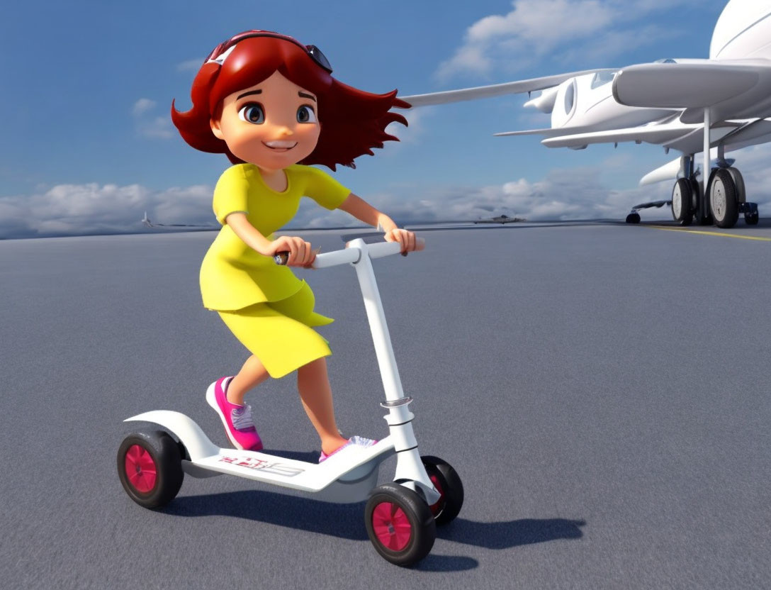 Red-haired girl in yellow dress rides kick scooter with plane in background