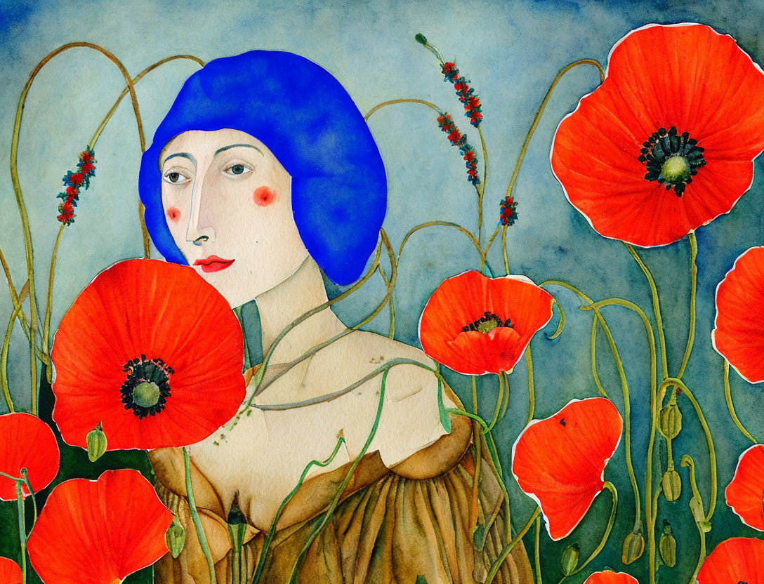 Stylized painting of woman with blue hair among red poppies